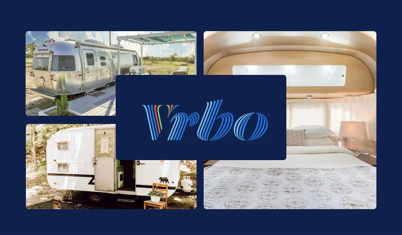 Collage of RVs and cozy interior with Vrbo logo on a dark background.